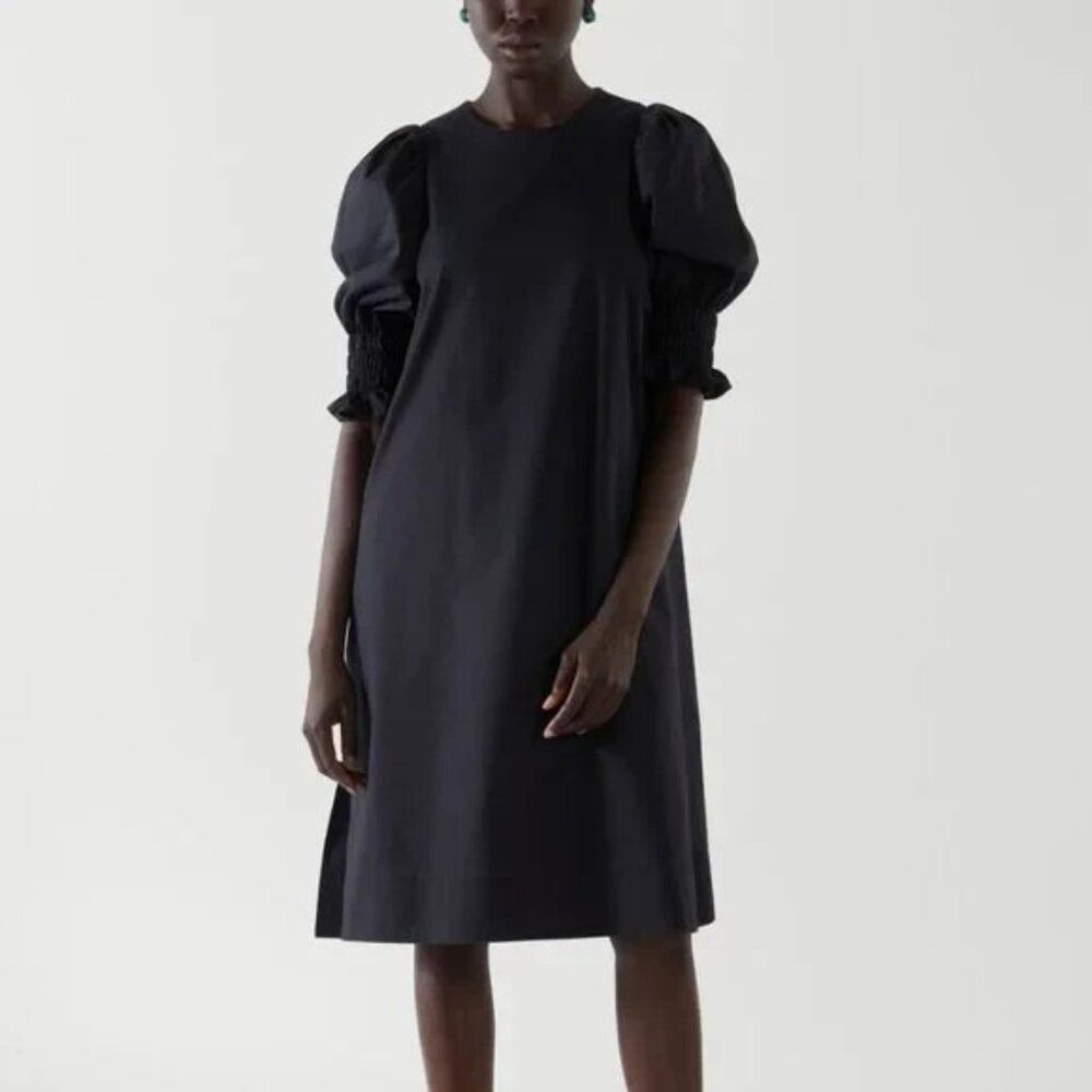 COS Womens Smocked Puff Sleeve Dress Crew Neck Zip Back Cotton Blue Size 6